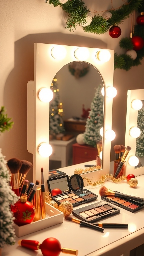 Christmas Makeup Lights Guide A festive makeup vanity with ring light, mirror, and Christmas decorations.